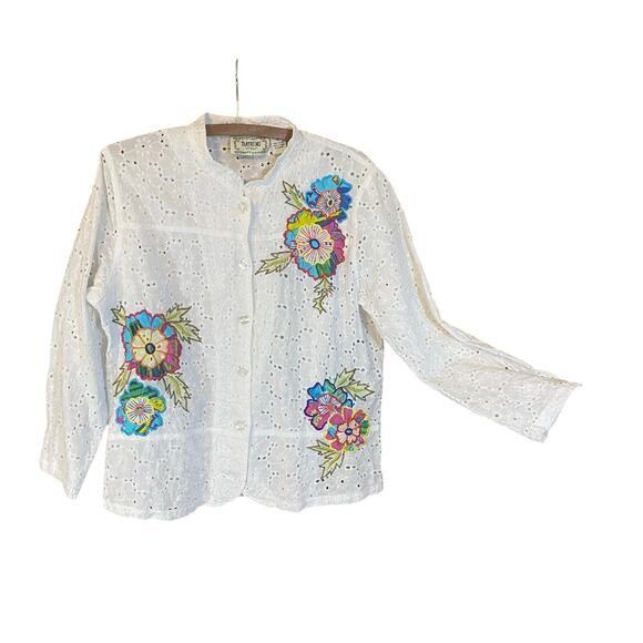 Tantrums XL White Eyelet Cotton Jacket Floral Embroidered Boho - Picture 1 of 5